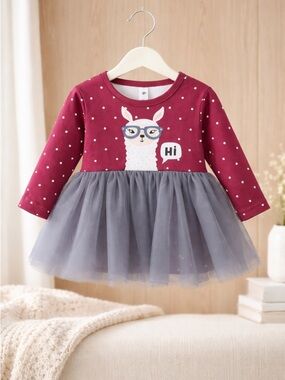 NWT Girls Maroon Llama Romper with Gray Lined Tulle Tutu & Polka Dots